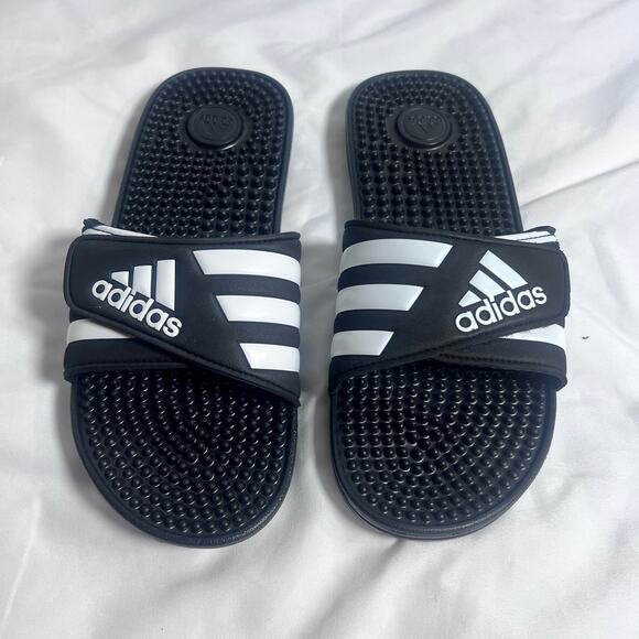 NEW Adidas Adissage Slides Sandals Black White Adjustable Strap Womens Size 8 - Picture 1 of 4